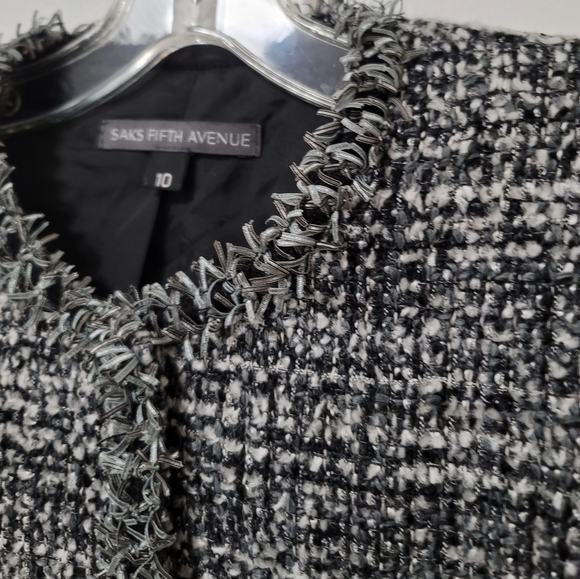New Saks Fifth Avenue Black Tweed Wool Blend Frayed Trim Crop Blazer Size 10 - Picture 7 of 14